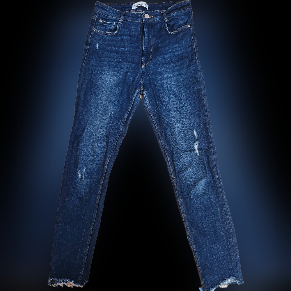Zara Skinny Distressed Jeans in Dark Denim with Some Stretch